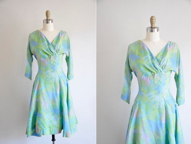 50s Paint Me A Flower dress/ Vintage 50s cocktail dress/ 1950s watercolor dress 