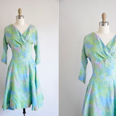 50s Paint Me A Flower dress/ Vintage 50s cocktail dress/ 1950s watercolor dress 