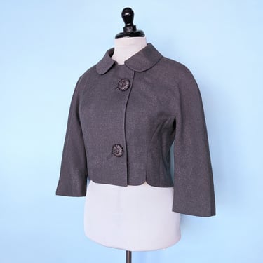 Vintage 1960s Mint Condition Cropped Gray Mod Jacket, 60s Peter Pan Collar Wool Bolero Jacket 