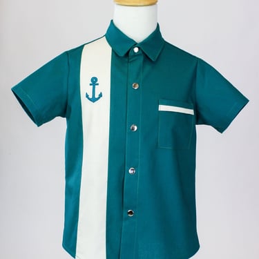 Boy's Embroidered Anchor Teal Retro Top 