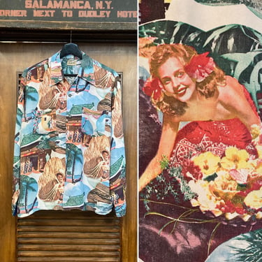Vintage 1940’s Photo Print Rayon Long Sleeve Hawaiian Shirt, 40’s Hawaiian Shirt, 40’s Rayon Shirt, 40’s Photo Print, Vintage Clothing 