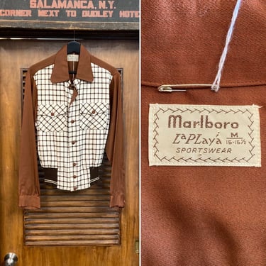 Vintage 1950’s -Deadstock- “Marlboro” Two-Tone Rayon Gabardine Waistband Knit Rockabilly Shirt, Never Worn, 50’s Vintage Clothing 