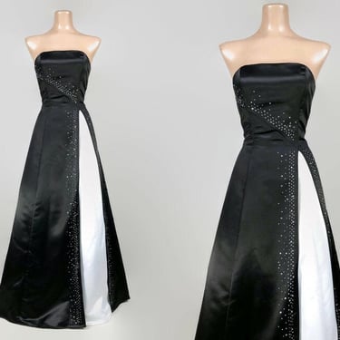 VINTAGE 90s Black and White Ball Gown Prom Dress With Rhinestone accents by Debut Sz 3 | 1990s Formal Party Dress | Halloween Wedding VFG 