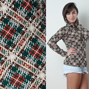 Vintage 70s Blouse Disco Polyester knit Shirt Multicolored Plaid tartan long sleeves M MEDIUM (38