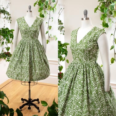 Vintage 1950s Sundress | 50s Wheat Print Green Cotton Fit and Flare Summer Day Dress | small/medium 
