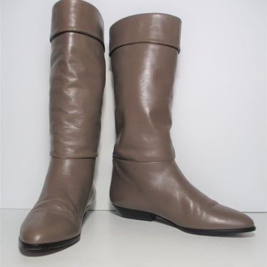 Vintage 1980s Hana Mackler Cuffed Knee High Boots, size 7B Women, Taupe Leather, Low Heeled Boots 