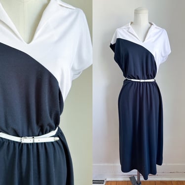 Vintage 1970s Black and White Color Block Dress / M 