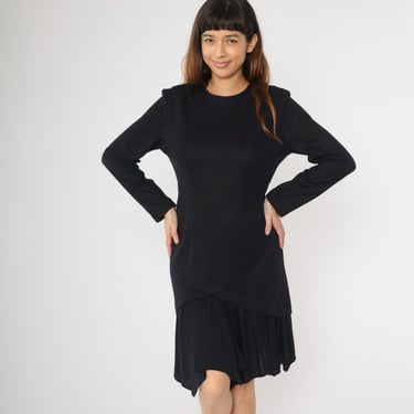 Vintage 90s Black Knit Dress Asymmetric Layered Hem Midi Long Sleeve Minimalist Retro Style Draped Basic Plain Acrylic Medium M 