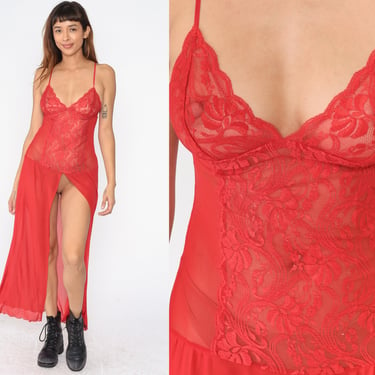 Red Lace Nightgown Y2K High Front Slit Slip Dress Maxi Lace Lingerie Vintage 00s Lettuce Edge Hem Spaghetti Strap Drop Waist Medium 
