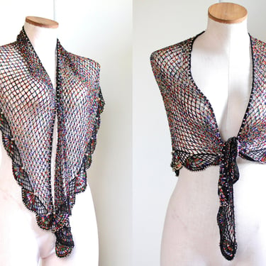 Vintage Crochet Netting and Glass Bead Tie Front Shrug - 
