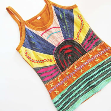 Y2K 2000s Embroidered Boho Patchwork Long Tank Top Shirt Cotton Hippie 