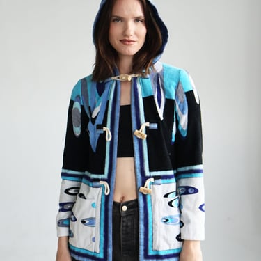 Rare 1990s Emilio Pucci Collector's Terrycloth Hooded Jacket with Cork Toggle Closures sz XS S Blue Terry Geometric Psychedelic Print 