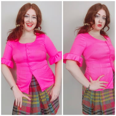 1960s Vintage Alice of California Neon Pink Acrylic Blouse / 60s / Sixties Ruffled Sleeve Button Up Shirt / Size Medium 