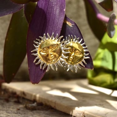 Vintage Two-Tone Sterling Silver Sun God Clip On Earrings, Gold Sun Face With Silver Rays, Mexico 925, Celestial Jewelry, 1 1/8” 