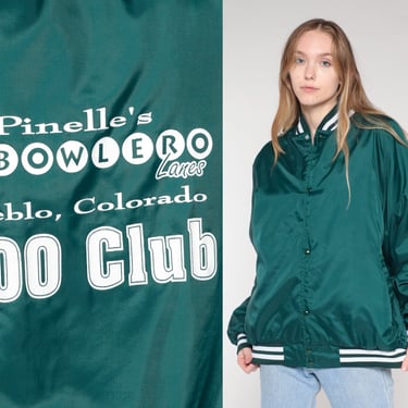Vintage Bomber Jacket 80s Bowling Uniform Jacket Pinelle's Bowlero Lanes 700 Club Pueblo Colorado Green Quilted Lining Snap Up Coat 1980s XL 