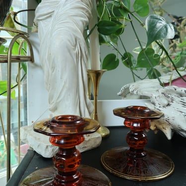 Vintage MCM Amber Etched Glass Candlesticks
