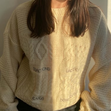Wool Cream Sweater With Stitch Phrases