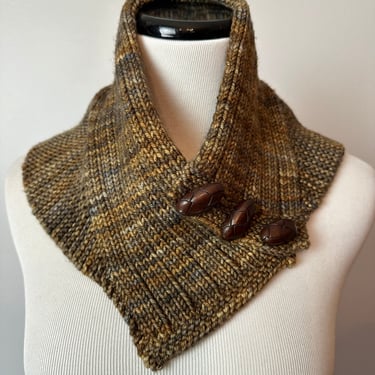 Handmade Vintage neck scarf  brown crocheted collar~ 90’s boho style brown leather buttons~ unique sweater accessory 