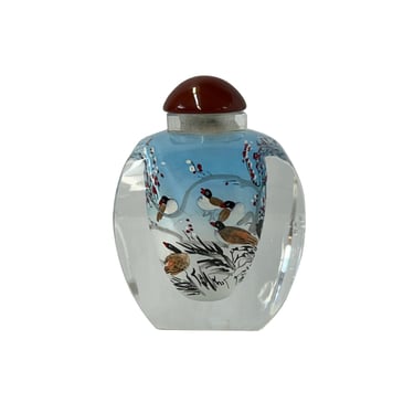 Chinese Inside Blue White Flower Birds Graphic Glass Art Bottle ws4177E 