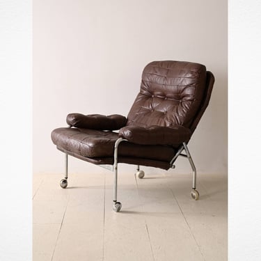 Vintage Scandinavian Leather Armchair with Metal Legs and Wheels 