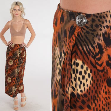 Animal Print Skirt 90s Wrap Skirt Ankle Length Maxi Hippie Leopard Cheetah Print Long Summer Beach Festival Vintage 1990s Extra Small xs 