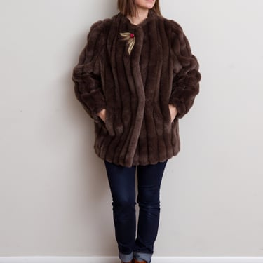 Size M/L, 1970s Paneled Cedar Brown Faux Fur Coat 