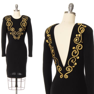 Vintage 1980s Sweater Dress | 80s Black Knit Wool Gold Embroidered Beaded Open Low Cut Back Long Sleeve Wiggle Dress (x-small/small) 