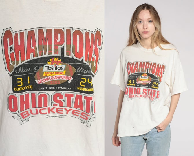 Ohio State Buckeyes T Shirt 2003 College Football Shirt Fiesta Bowl Champions Shirt Retro Tee 00s Vintage Graphic Distressed Large L 