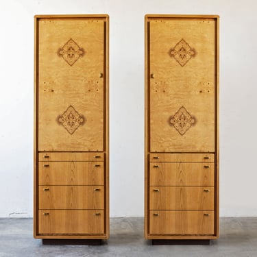Olive Burl & Oak Storage Cabinets (A Pair) 