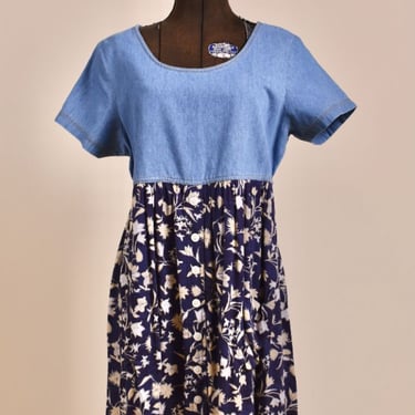 Blue 90s Floral & Denim Babydoll Dress By True Blue, M/L