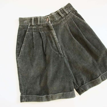 90s Corduroy Womens Shorts XS 24 - Dark Green High Waist Pleated Shorts - Cuffed Long Shorts - Earth Tone Clothes Minimalist 