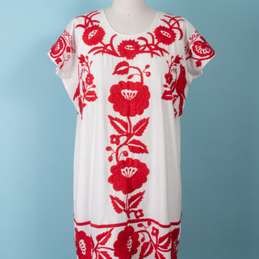 Amazing 70s Mexican White Cotton Dress with Bold Red Flora / Fauna Embroidery 