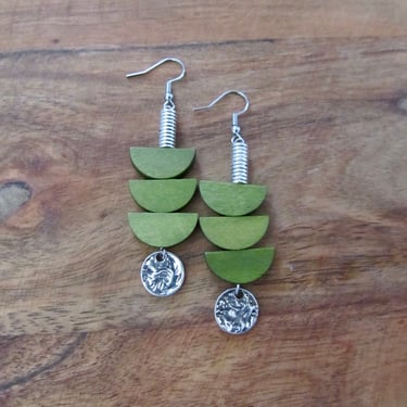 Wood and silver mid century modern earrings, unique pagoda earrings, green 