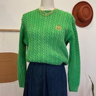 Ralph Lauren Bright Green Chunky Cable Knit Cotton Pullover Sweater - Large 