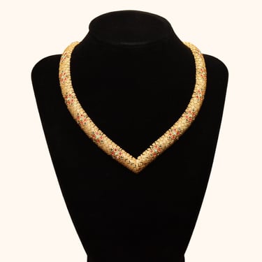Vintage CINER Gold-Plated Chevron Necklace With Colorful Crystal Accents, Chunky Serpent Choker, 15.25