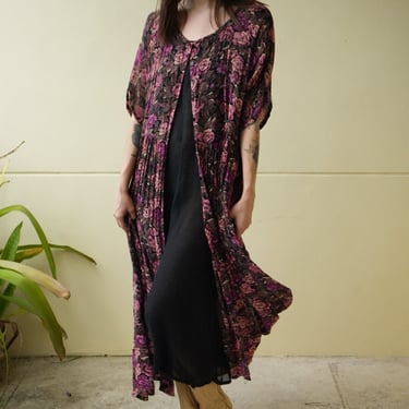 1990s Rayon Dress / Grunge Era / Floral Rayon Dress with Slip  / New Wave / Easy Dress / Sheer Dress / Duster Jacket Layered Dress 