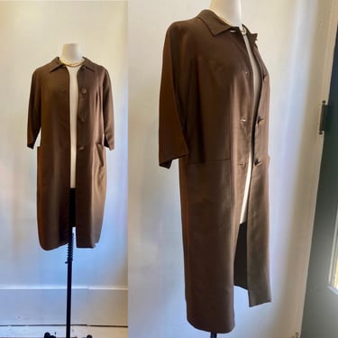 Vintage 50s 60s DUSTER COAT / Minimalist Style / Patch Pickets + Bracelet Sleeves / Chocolate Brown / Georgee Originals California 