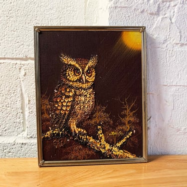 Vintage Owl Art Framed Original Painting Amateur Artwork 3D Textured MCM Bird Brown Picture Wall Dopamine Decor 1970s 70s 