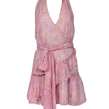LoveShackFancy - Pink, Purple & Orange Swirl Print Halter Wrap Mini Dress Sz M