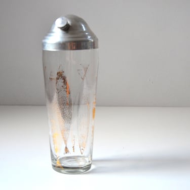 Vintage Glass Cocktail Shaker with Distressed Gold Fish Graphics by Fred Press, Retro Barware 