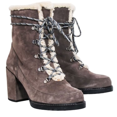 Stuart Weitzman - Grey Suede Lace Up Short Boots w/ Shearling Lining Sz 9