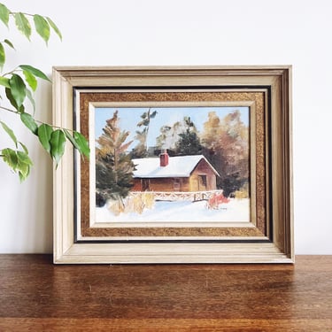 Vintage Mid-Century Original Signed Oil Painting - Snowy House Scene 