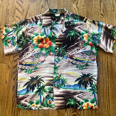 1950s Rayon Scenic Outrigger And Hibiscus Print Hawaiian / Aloha Shirt By Pali Medium 