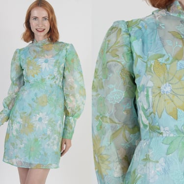 Vintage 60s Pastel Floral Dress Green All Over Print Material Puff Sleeve GoGo Party Outfit Twiggy Inspired Costume 
