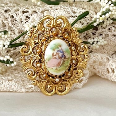 Vintage Florenza Brooch, Victorian Revival, Hand Painted, Filigree Setting, Porcelain Ceramic Pin, Raised Silhouette, 50s 60s 