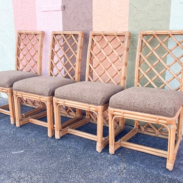 Set of Four Lattice Back Rattan Chairs