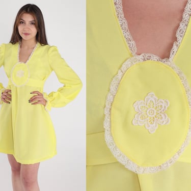 Yellow Babydoll Dress 70s Mod Mini Dress Lace Trim Long Puff Sleeve Floral Empire Waist Party Minidress Retro Darling Vintage 1970s Small S 