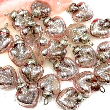 VINTAGE: 21pcs - Small Thick Crackled Mercury Ash Pink Glass Heart Ornaments - Imperfect - Heavy Weight Kugel Style - SKU 30-406-00034995 
