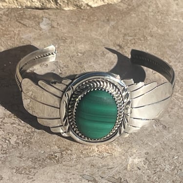 Kenneth Etsitty ~ Vintage Navajo Sterling Silver and Green Malachite Stone Cuff Bracelet 