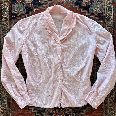 Vintage 40s Pink Seersucker Cotton Collared Button Down Long Sleeve Shirt Blouse Small Medium by TimeBa